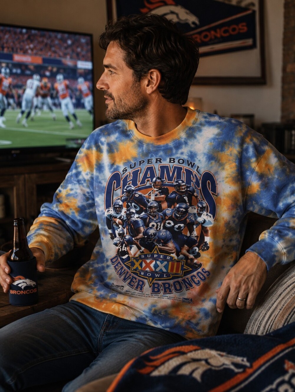 Vintage Denver Broncos 1997 tie-dye graphic sweatshirt Super Bowl Champion